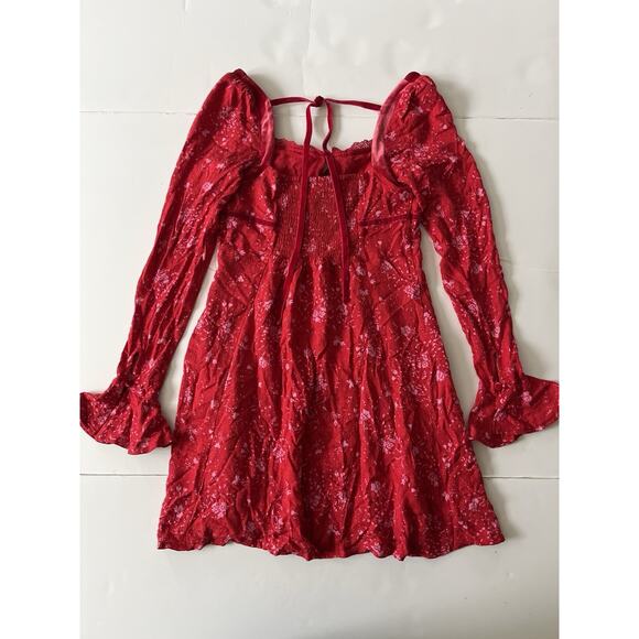 Free People Tess Mini Dress XS Red Floral Y2K Milkmaid Velvet Trim Empire Waist - Picture 2 of 11